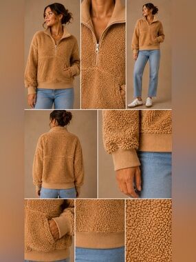 Target Joy Lab Faux Sherpa Quarter Zip Boxy Sweatshirt Tan Size Medium